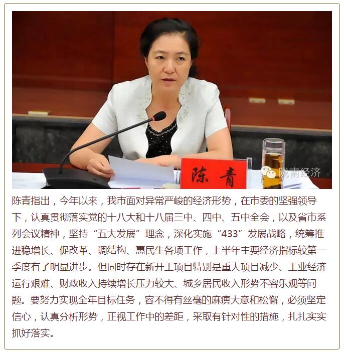 陳青在市政府全體會議上強(qiáng)調(diào)：緊盯一個目標(biāo)抓好九大任務(wù)落實強(qiáng)化三項保障，確保全市經(jīng)濟(jì)社會持續(xù)快速發(fā)展